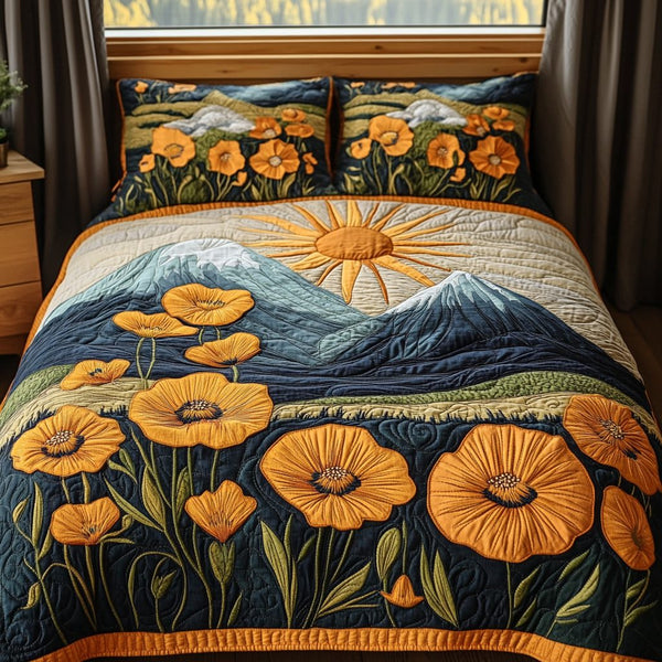 Summer Burst quilted 3-piece bedding set on a made bed with two matching pillow shams