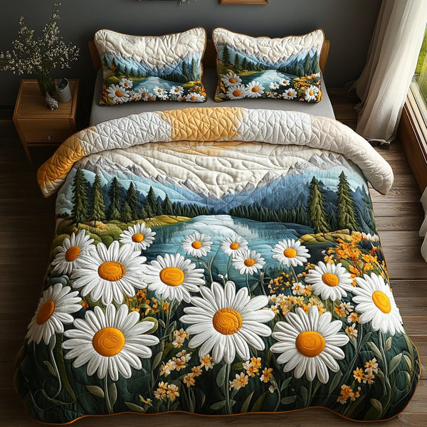 Summer Daisy quilted 3-piece bedding set on a made bed with two matching pillow shams