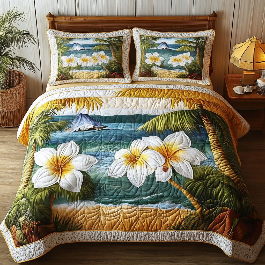 Summer Dream quilted 3-piece bedding set on a made bed with two matching pillow shams