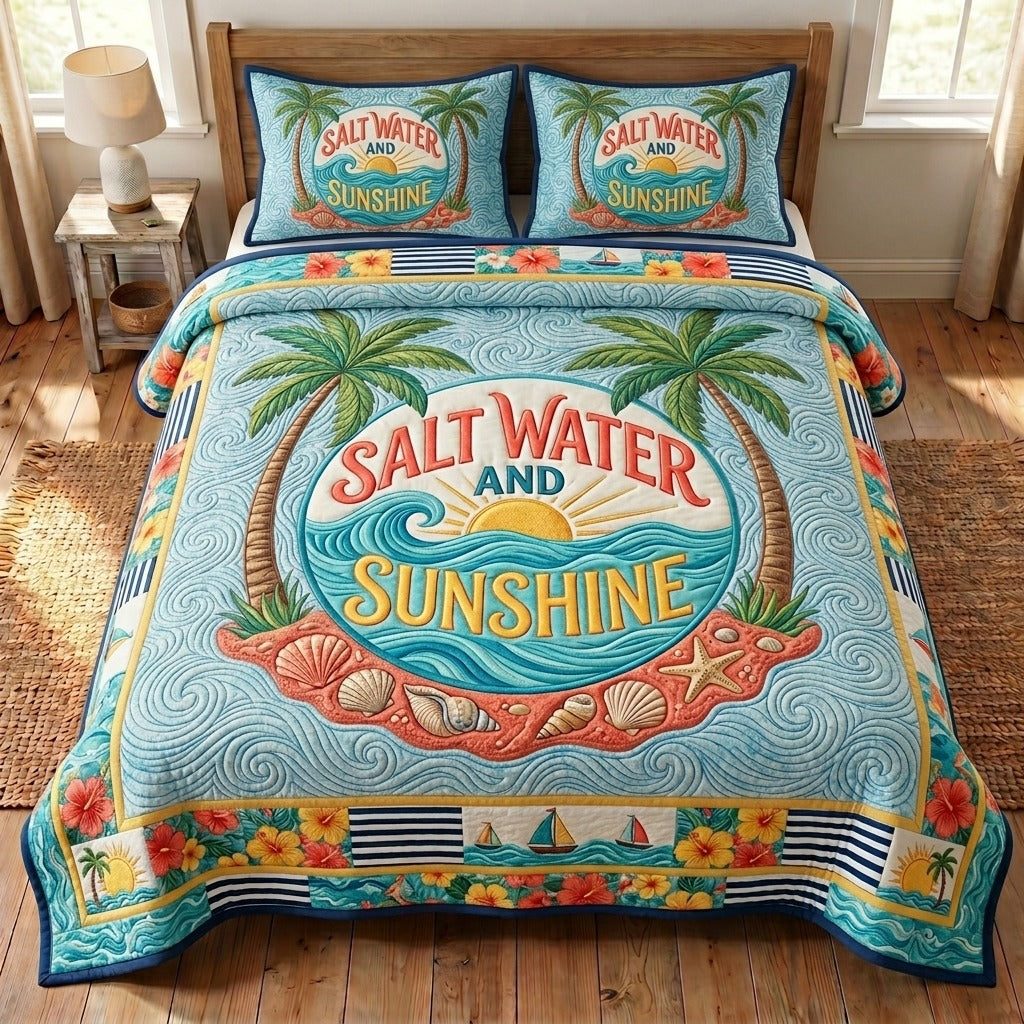 Summer Escape quilted 3-piece bedding set on a made bed with two matching pillow shams