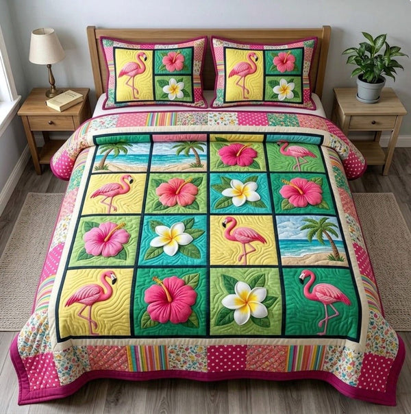 Summer Escape quilted 3-piece bedding set on a made bed with two matching pillow shams