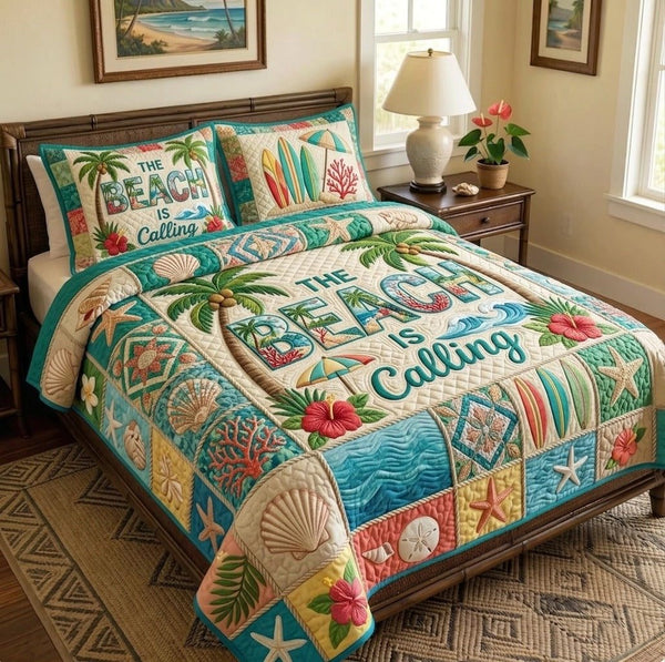 Summer Escape quilted 3-piece bedding set on a made bed with two matching pillow shams
