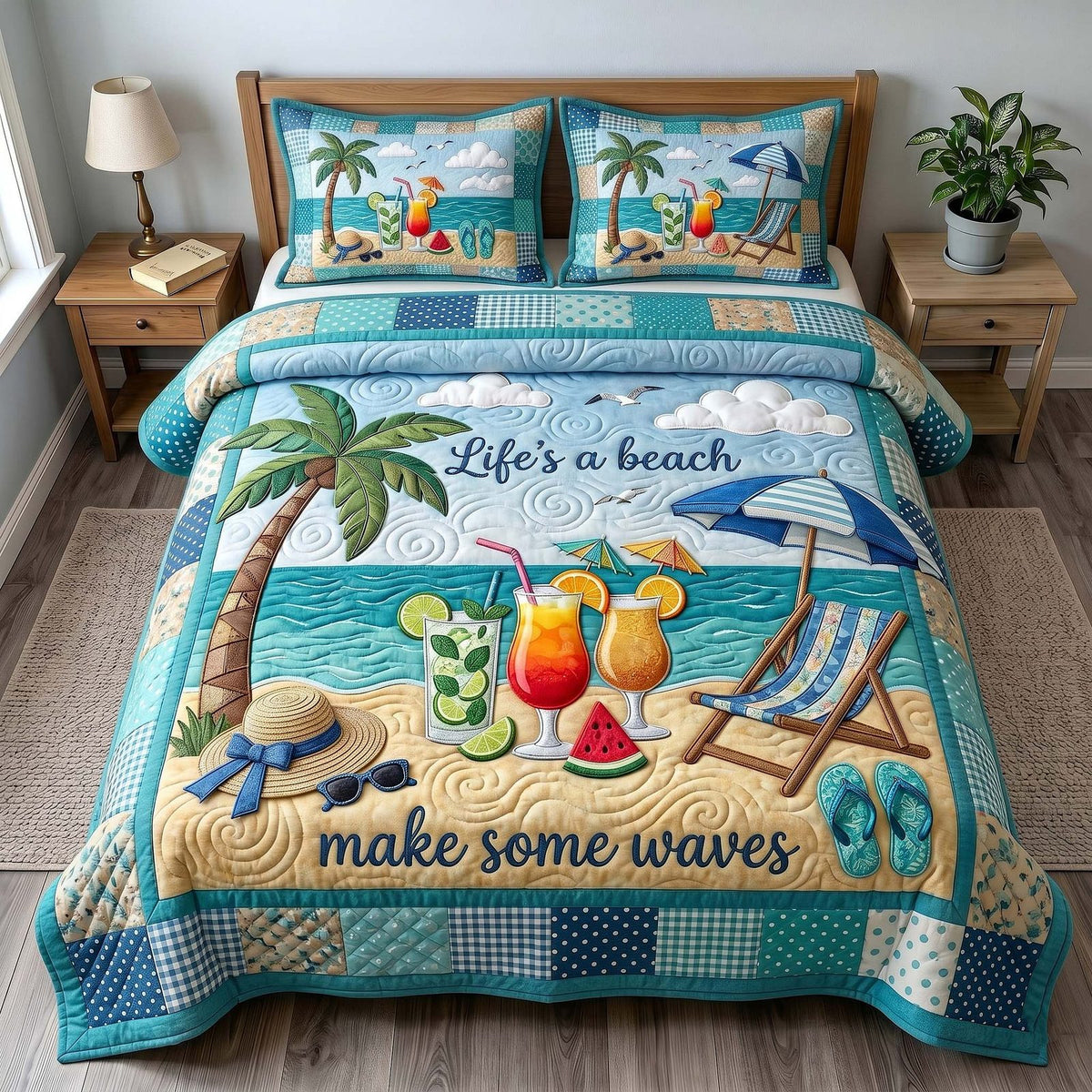 Summer Escape quilted 3-piece bedding set on a made bed with two matching pillow shams