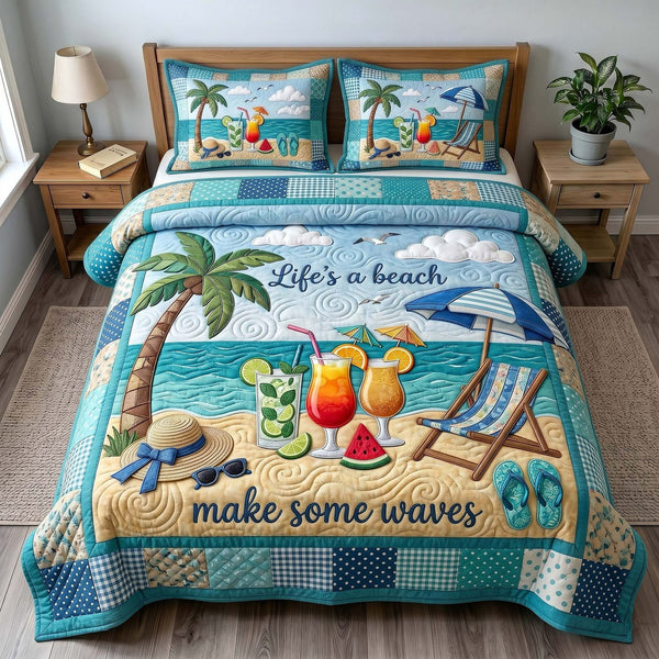 Summer Escape quilted 3-piece bedding set on a made bed with two matching pillow shams