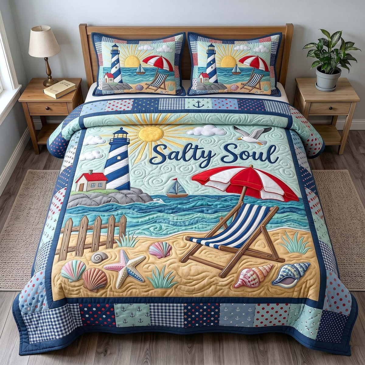 Summer Escape quilted 3-piece bedding set on a made bed with two matching pillow shams