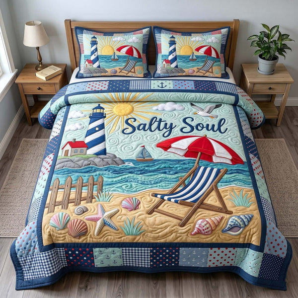 Summer Escape quilted 3-piece bedding set on a made bed with two matching pillow shams