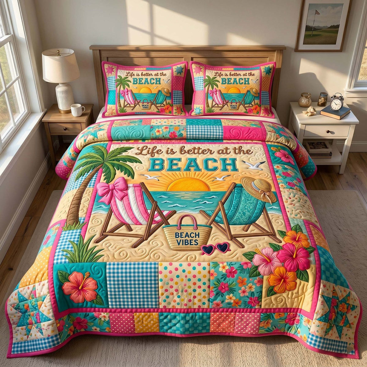 Summer Escape quilted 3-piece bedding set on a made bed with two matching pillow shams