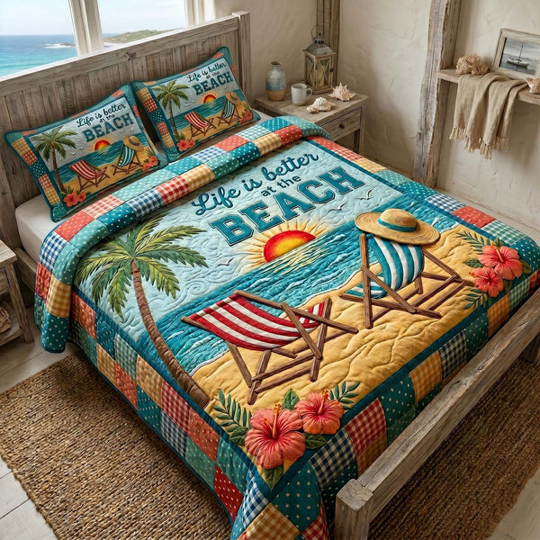 Summer Escape quilted 3-piece bedding set on a made bed with two matching pillow shams