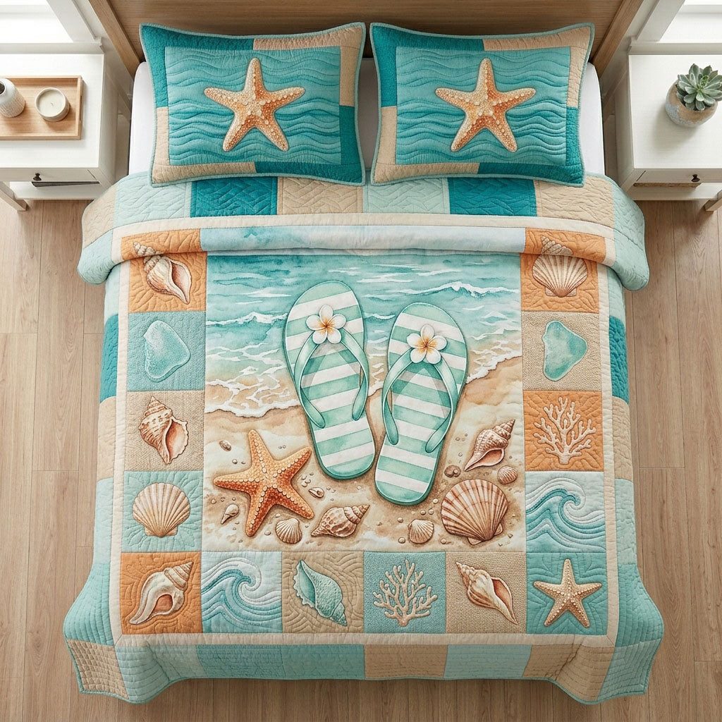 Summer Flip Flops quilted 3-piece bedding set on a made bed with two matching pillow shams