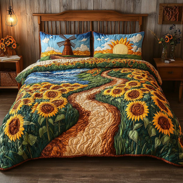 Summer Glow quilted 3-piece bedding set on a made bed with two matching pillow shams