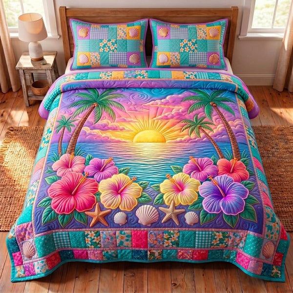 Summer Hibiscus quilted 3-piece bedding set on a made bed with two matching pillow shams