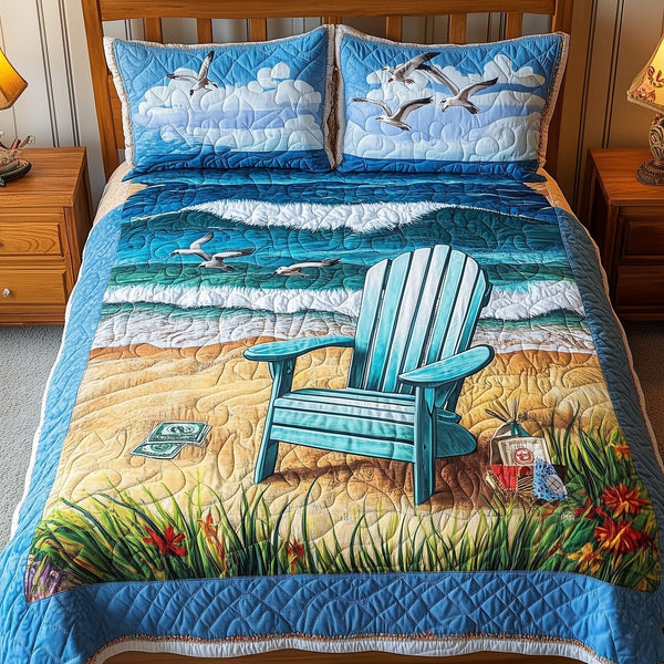 Summer Is Calling quilted 3-piece bedding set on a made bed with two matching pillow shams