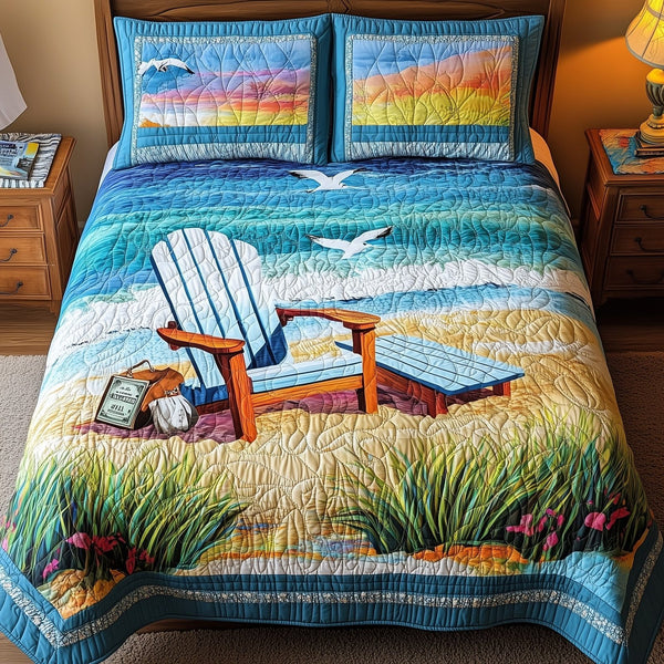 Summer Is Calling quilted 3-piece bedding set on a made bed with two matching pillow shams