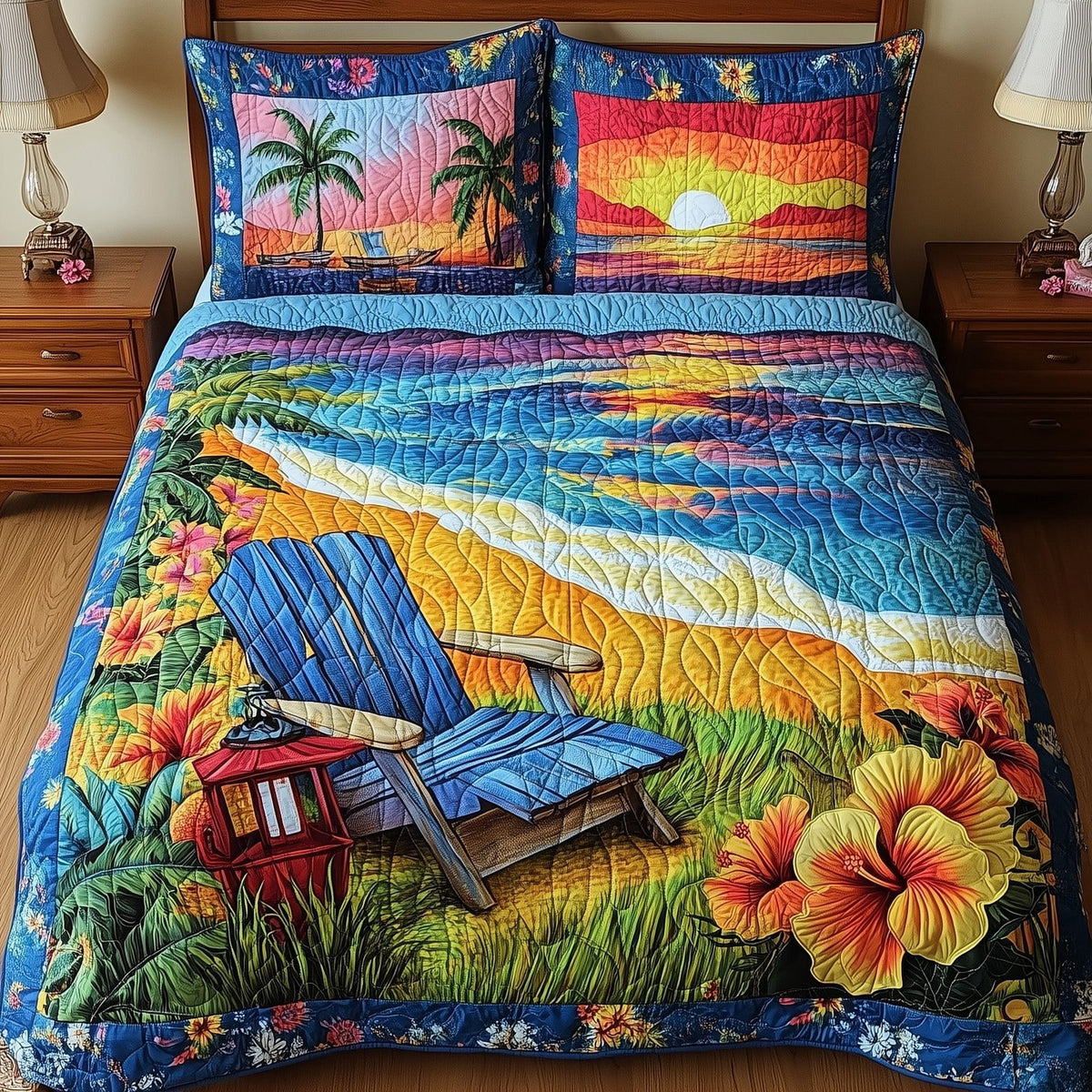 Summer Is Calling quilted 3-piece bedding set on a made bed with two matching pillow shams