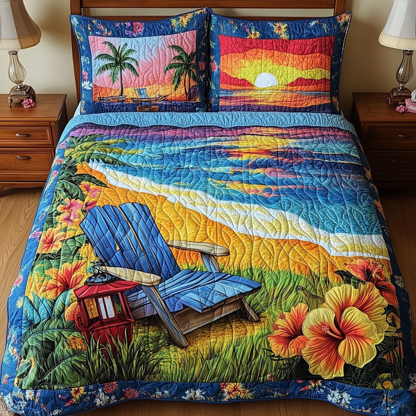 Summer Is Calling quilted 3-piece bedding set on a made bed with two matching pillow shams