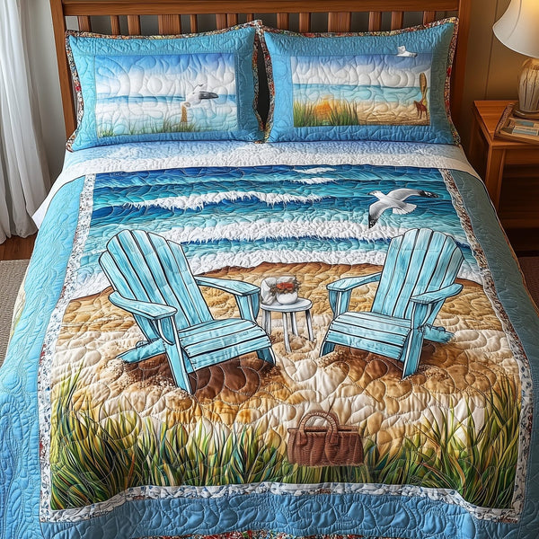 Summer Is Calling quilted 3-piece bedding set on a made bed with two matching pillow shams