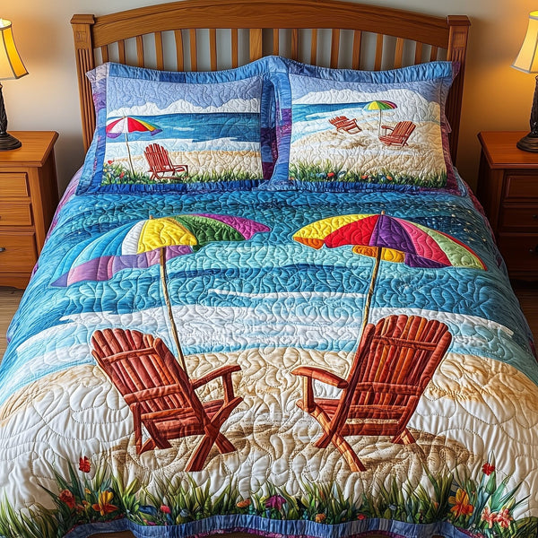 Summer Is Calling quilted 3-piece bedding set on a made bed with two matching pillow shams