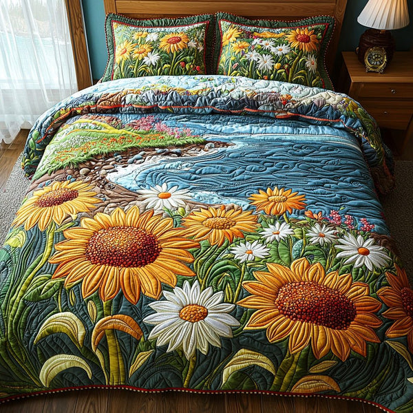 Summer Light quilted 3-piece bedding set on a made bed with two matching pillow shams