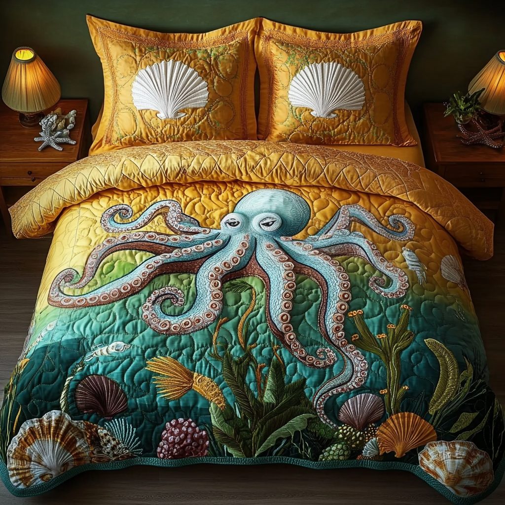 Summer Octopus quilted 3-piece bedding set on a made bed with two matching pillow shams