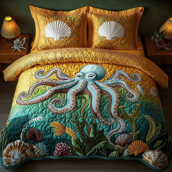 Summer Octopus quilted 3-piece bedding set on a made bed with two matching pillow shams