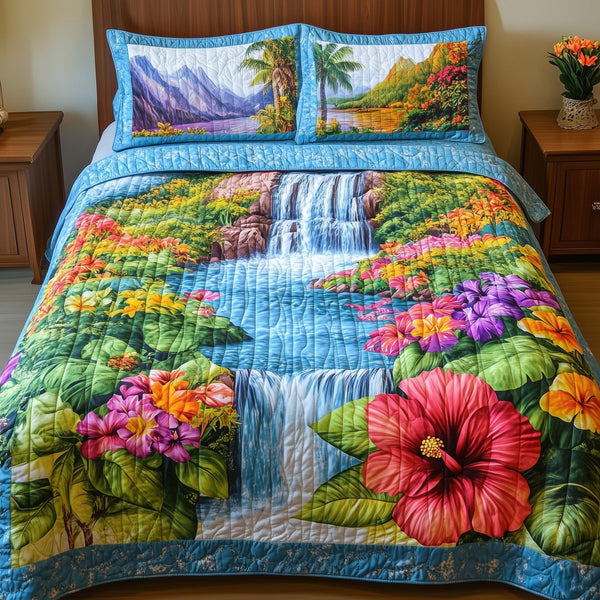 Summer Paradise quilted 3-piece bedding set on a made bed with two matching pillow shams
