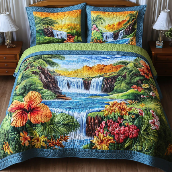Summer Paradise quilted 3-piece bedding set on a made bed with two matching pillow shams