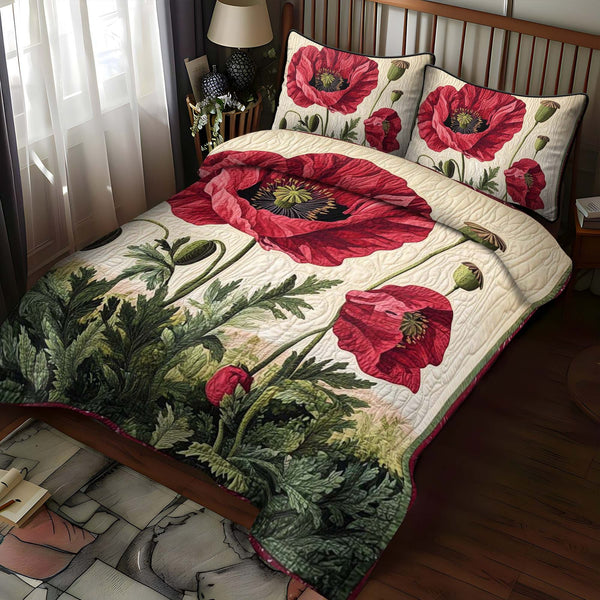 Summer Poppy Field quilted 3-piece bedding set on a made bed with two matching pillow shams