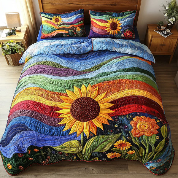 Summer Rays quilted 3-piece bedding set on a made bed with two matching pillow shams