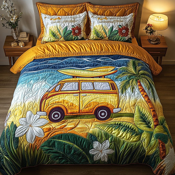 Summer Surf quilted 3-piece bedding set on a made bed in a light coastal bedroom