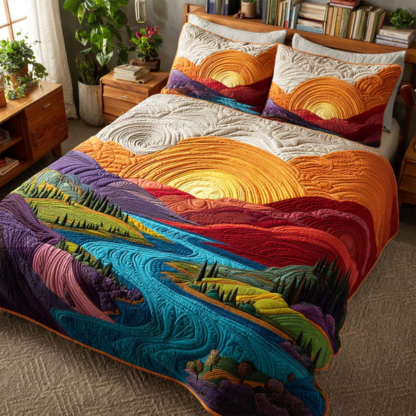 Summer Tide quilted 3-piece bedding set on a made bed in a light coastal bedroom