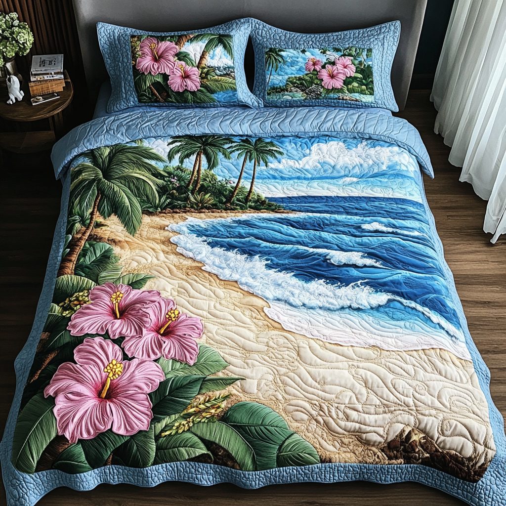 Summer Tide quilted 3-piece bedding set on a made bed in a light coastal bedroom