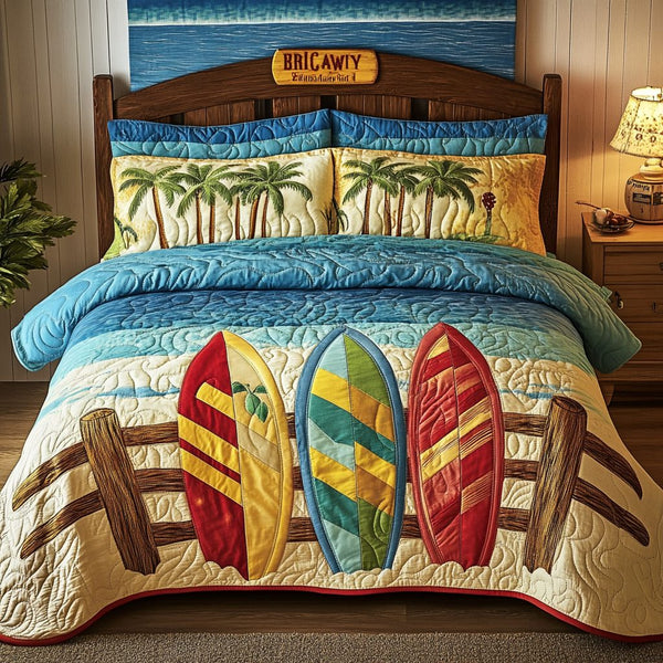Summer Vibes quilted 3-piece bedding set on a made bed with two matching pillow shams