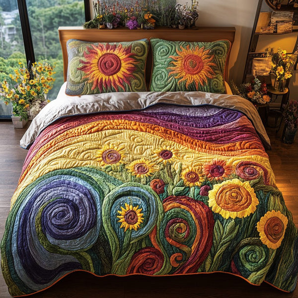 Summer Waves quilted 3-piece bedding set on a made bed in a light coastal bedroom