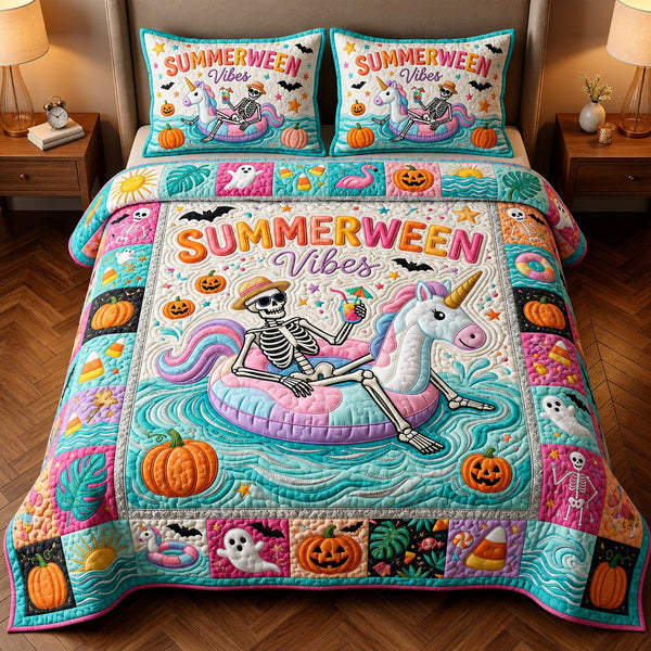 Summerween Vibes quilted 3-piece bedding set on a made bed with two matching pillow shams
