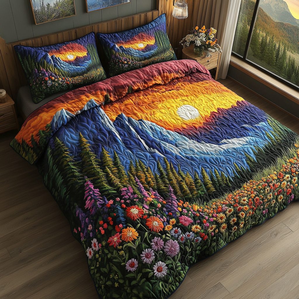 Summit Shine quilted 3-piece bedding set on a made bed with two matching pillow shams
