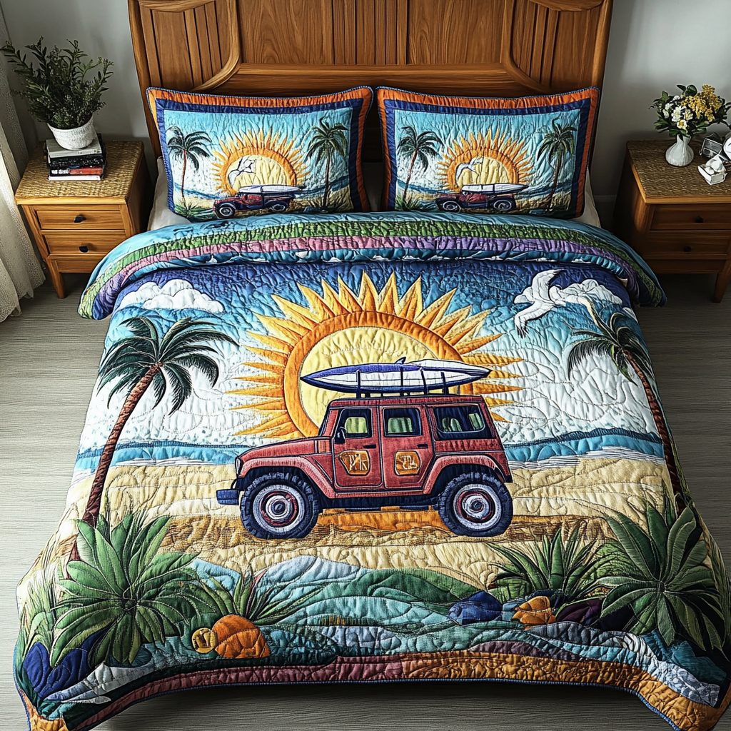Summit Trek quilted 3-piece bedding set on a made bed with two matching pillow shams