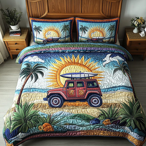 Summit Trek quilted 3-piece bedding set on a made bed with two matching pillow shams
