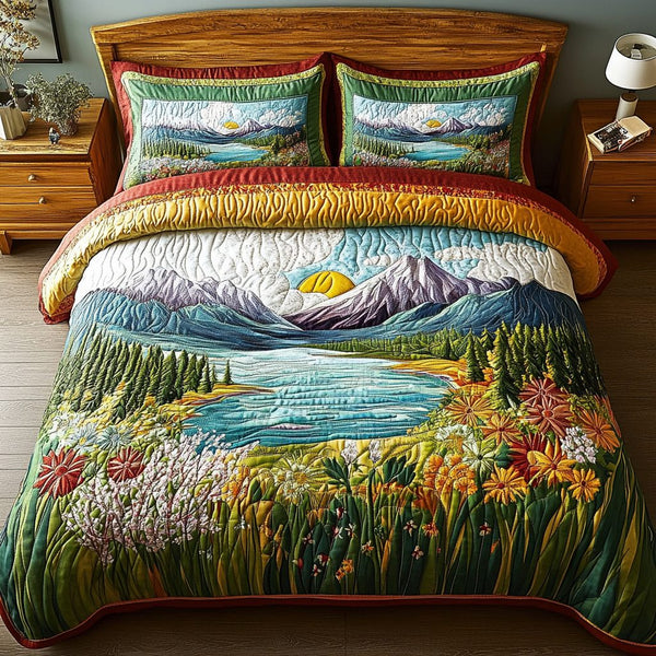 Summit View quilted 3-piece bedding set on a made bed with two matching pillow shams