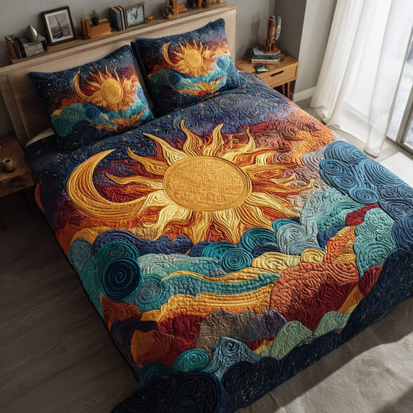 Sun and Moon quilted 3-piece bedding set on a made bed with two matching pillow shams