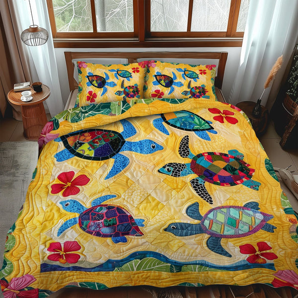 Sun and Sea quilted 3-piece bedding set on a made bed in a light coastal bedroom