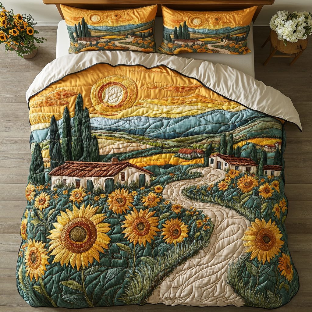 Sun Bloom quilted 3-piece bedding set on a made bed with two matching pillow shams