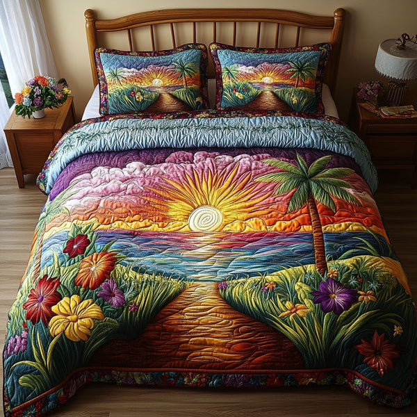 Sun-Drenched Haven quilted 3-piece bedding set on a made bed with two matching pillow shams