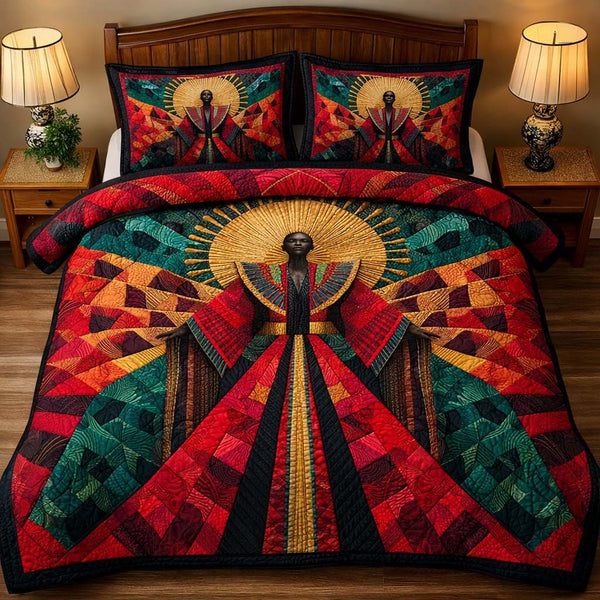 Sun Empress quilted 3-piece bedding set on a made bed with two matching pillow shams