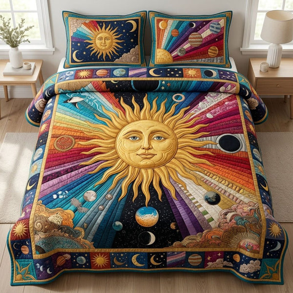 Sun Galaxy quilted 3-piece bedding set on a made bed with two matching pillow shams