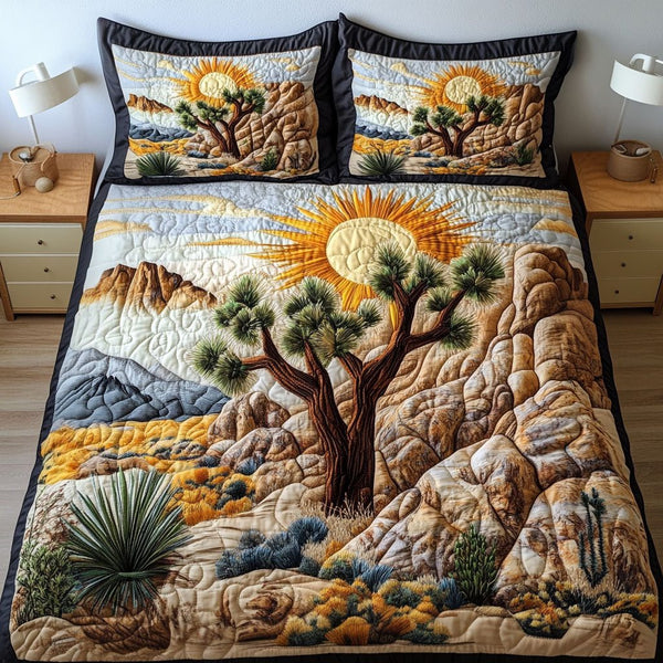Sun-Kissed Rocks quilted 3-piece bedding set on a made bed with two matching pillow shams