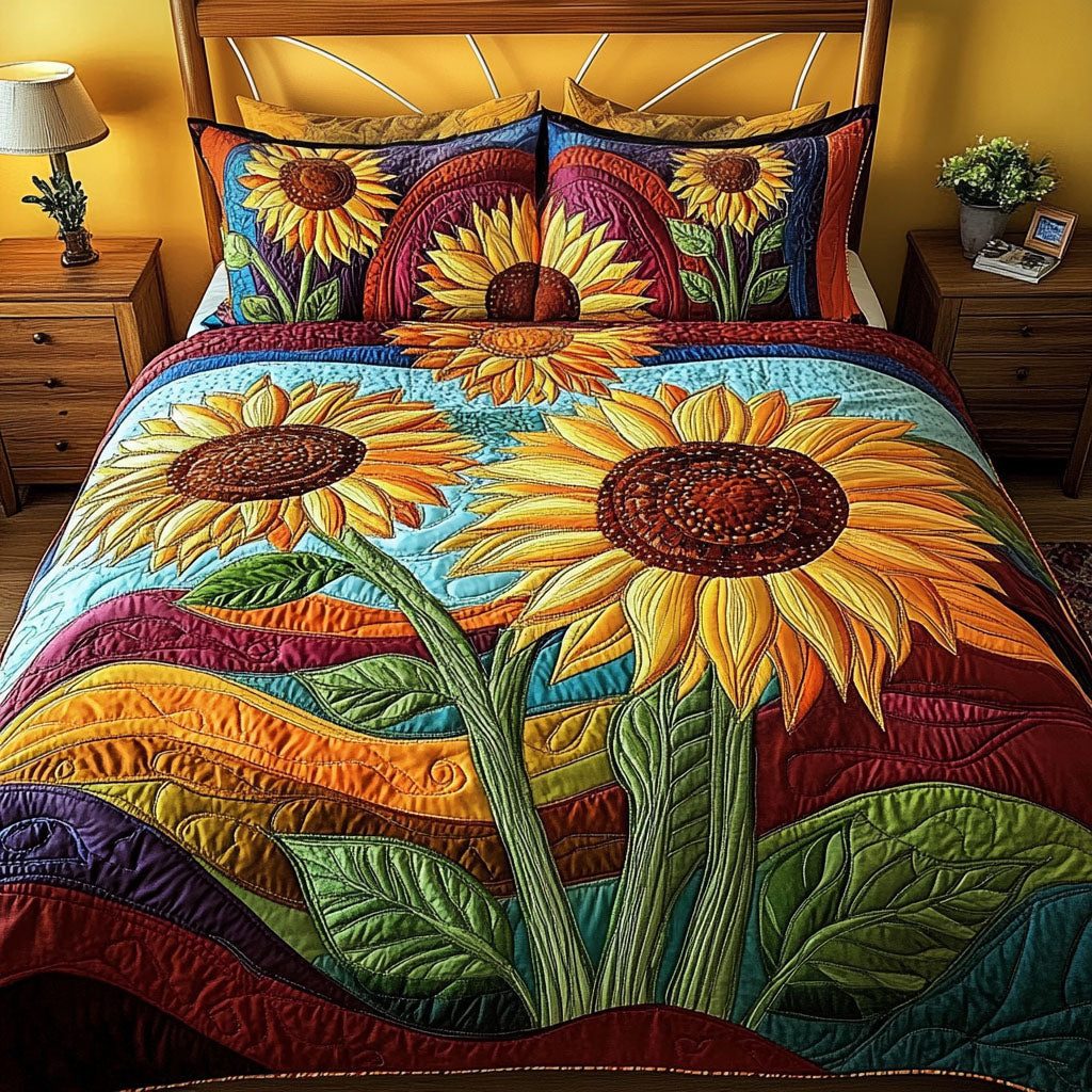 Sun-Kissed Serenity quilted 3-piece bedding set on a made bed with two matching pillow shams