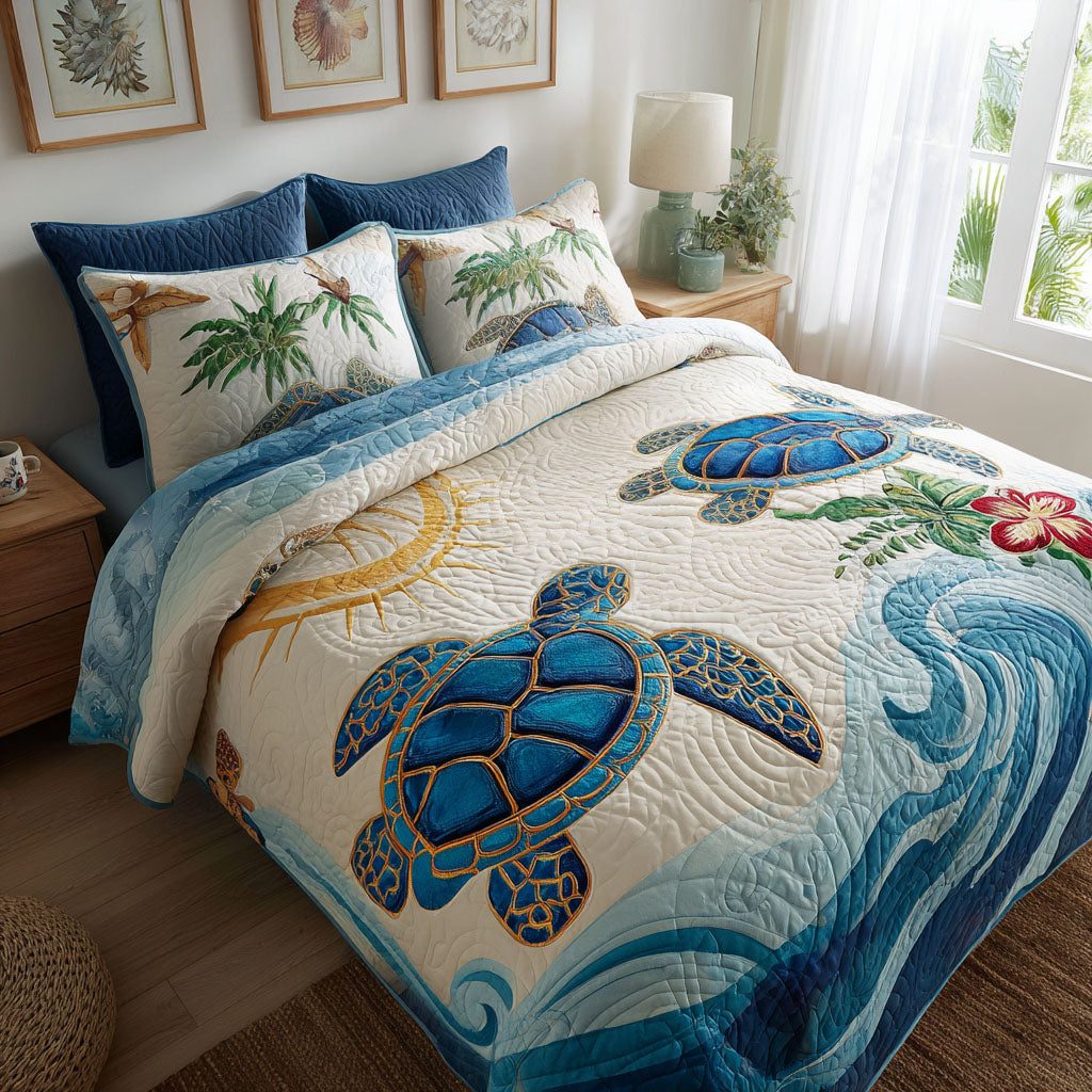Sun-Kissed Shells quilted 3-piece bedding set on a made bed in a light coastal bedroom