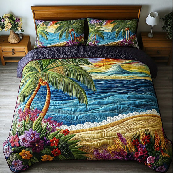 Sun-Kissed Shores quilted 3-piece bedding set on a made bed in a light coastal bedroom