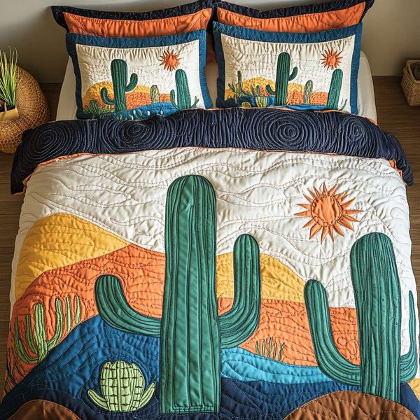 Sun-Kissed Spikes quilted 3-piece bedding set on a made bed with two matching pillow shams