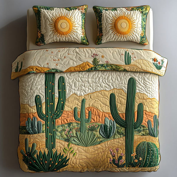Sun-Kissed Spikes quilted 3-piece bedding set on a made bed with two matching pillow shams